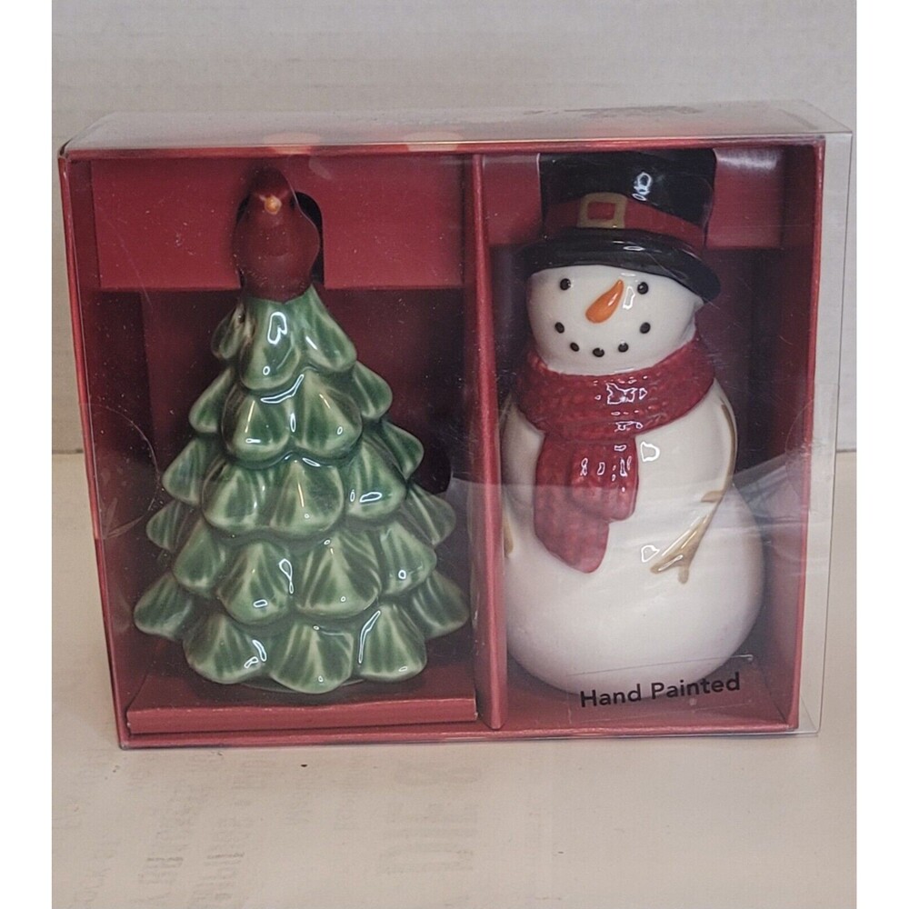 St Nicholas Square Snowman and Christmas Tree Salt & Pepper Shaker Set NWT